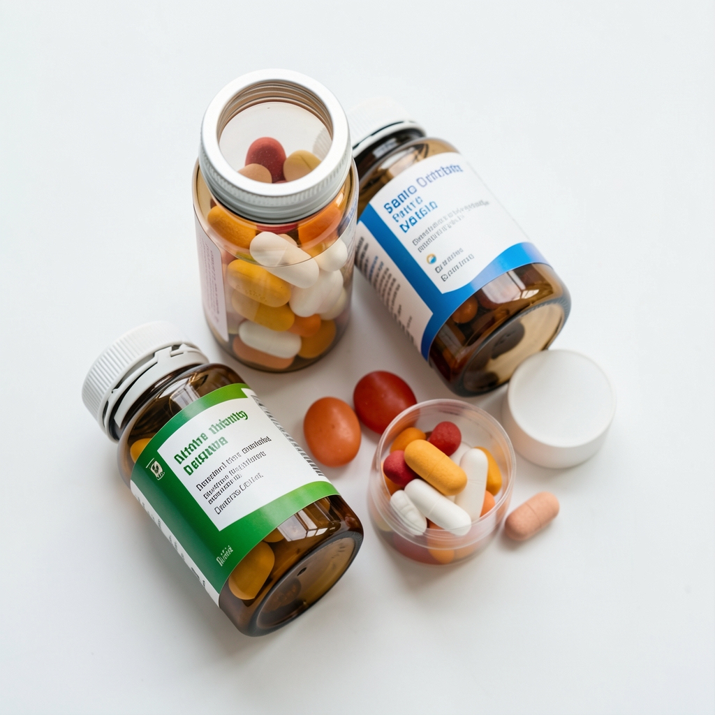Close-up of vitamin containers on a clean white surface, editorial overhead composition