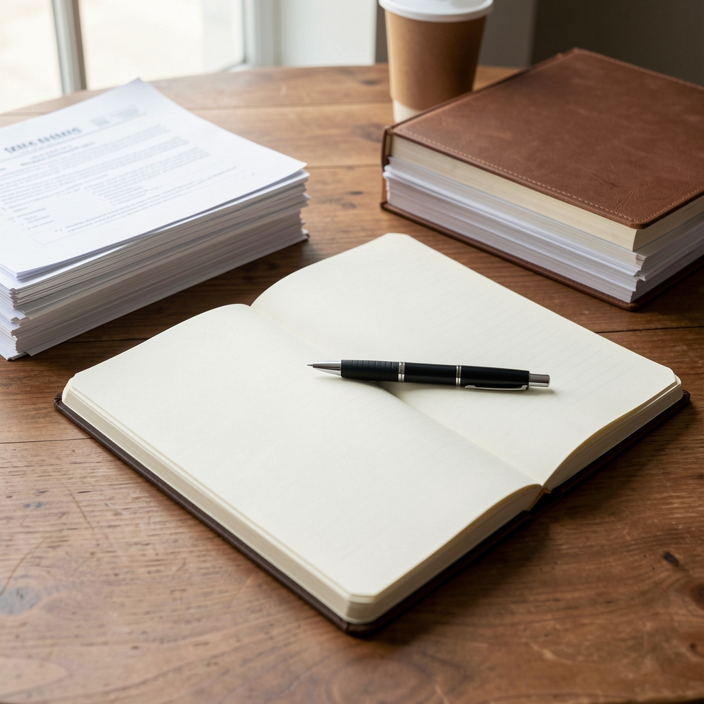 Writing desk with an open notebook, research papers stacked neatly, and a pen resting on the page